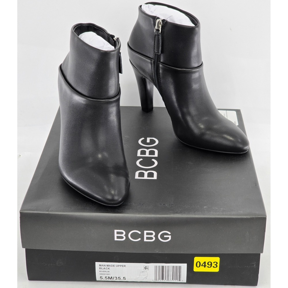 BCBG Riverlin Ankle Boots Women 5.5 Black Faux Leather Pointed Toe Heel - New
